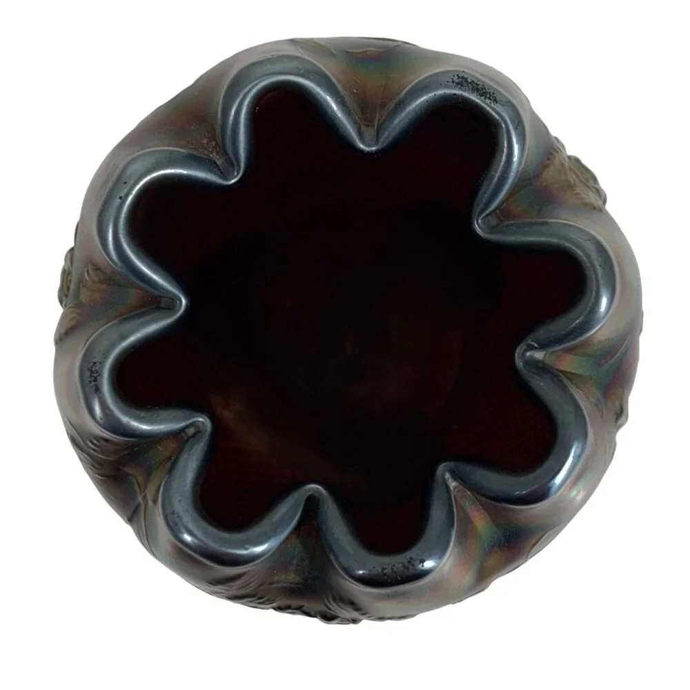 Northwood Rosebowl Fine Cut Roses Crimped Bowl Iridescent Carnival Glass Vase